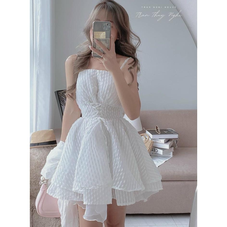Set đầm 2 dây trắng đan dây ngực kèm khoác