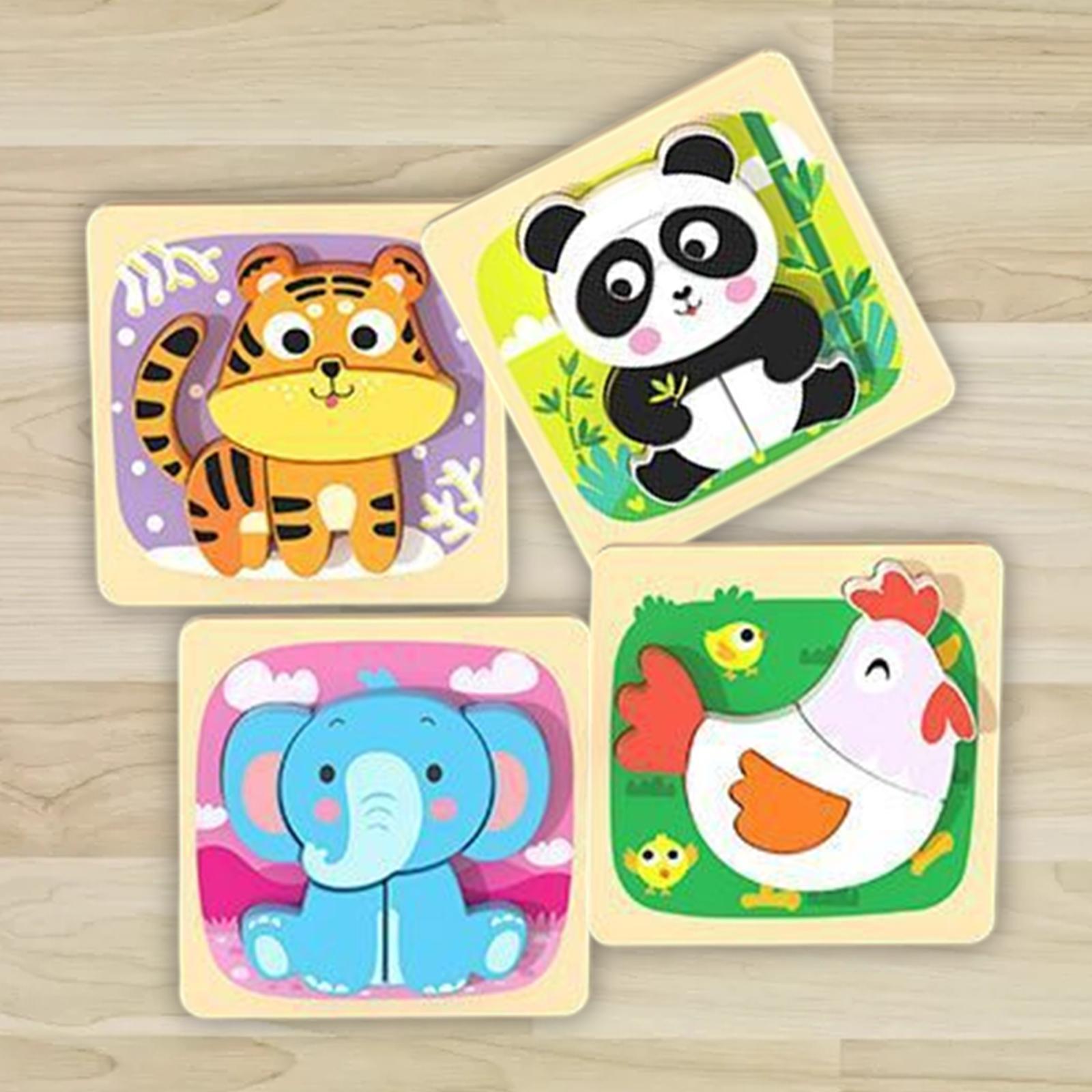 4Pcs Wooden Animal Puzzles with animals Patterns for 2 3+ Year Old Baby