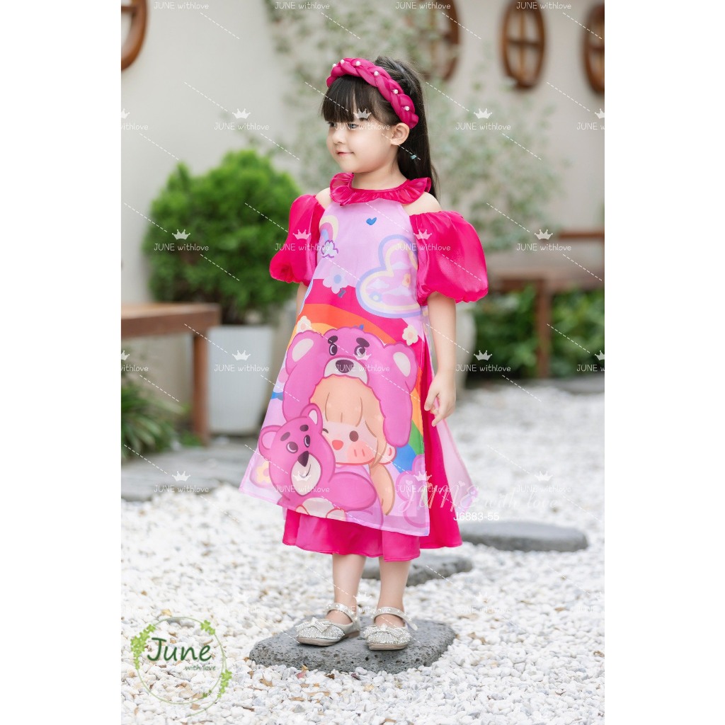 Áo dài tết cho bé gái mẫu Gấu dâu Lotso từ 12-40kg hàng thiết kế cao cấp