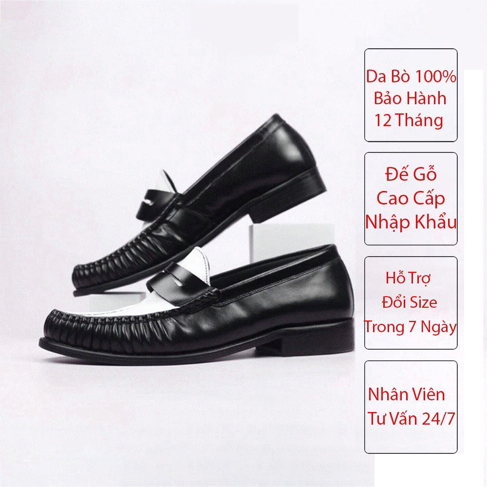 Giày Tây Nam Penny Loafer Black White Da Bò Nguyên Tấm Đế Phíp Cao Cấp