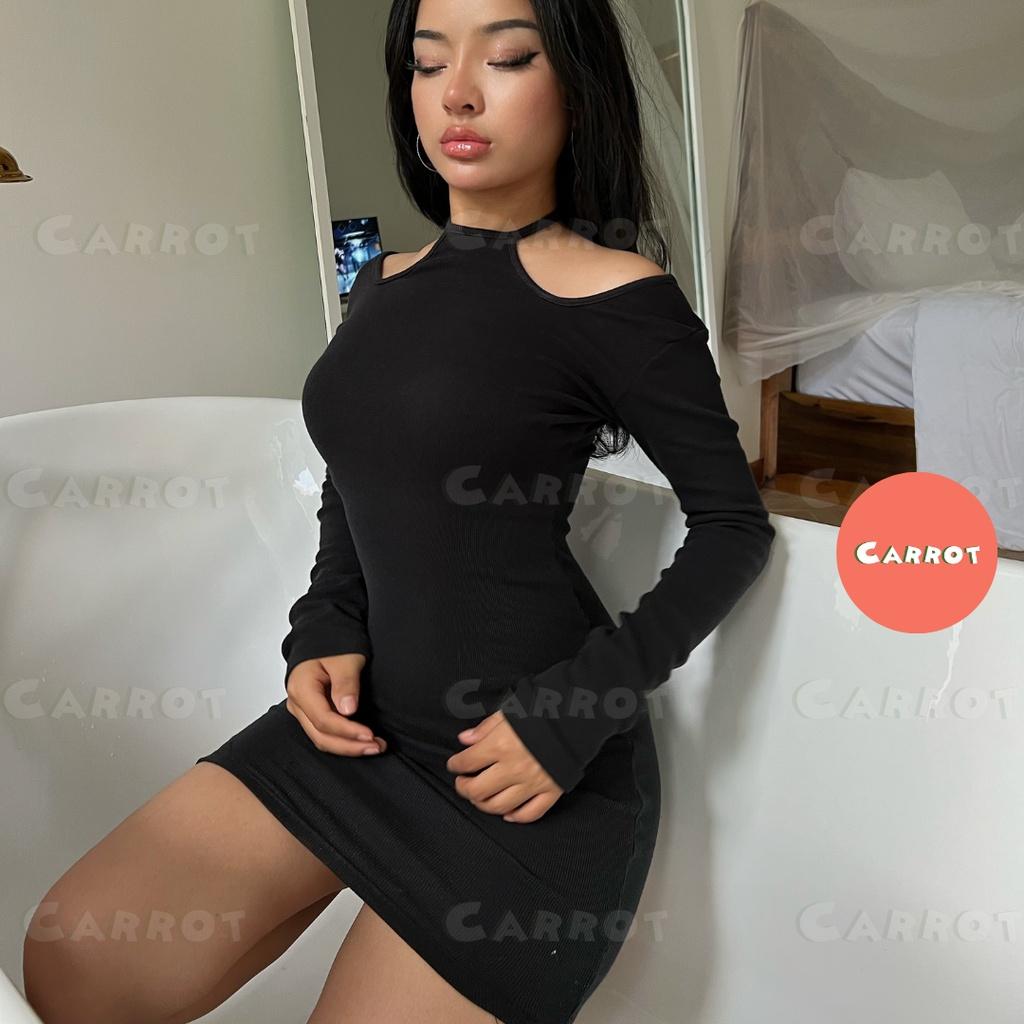 Đầm body sexy hở lưng hở eo váy ôm cổ yếm hở vai cột dây quyến rũ sang chảnh màu trắng thun gân carrotxinhdep trắng, đen