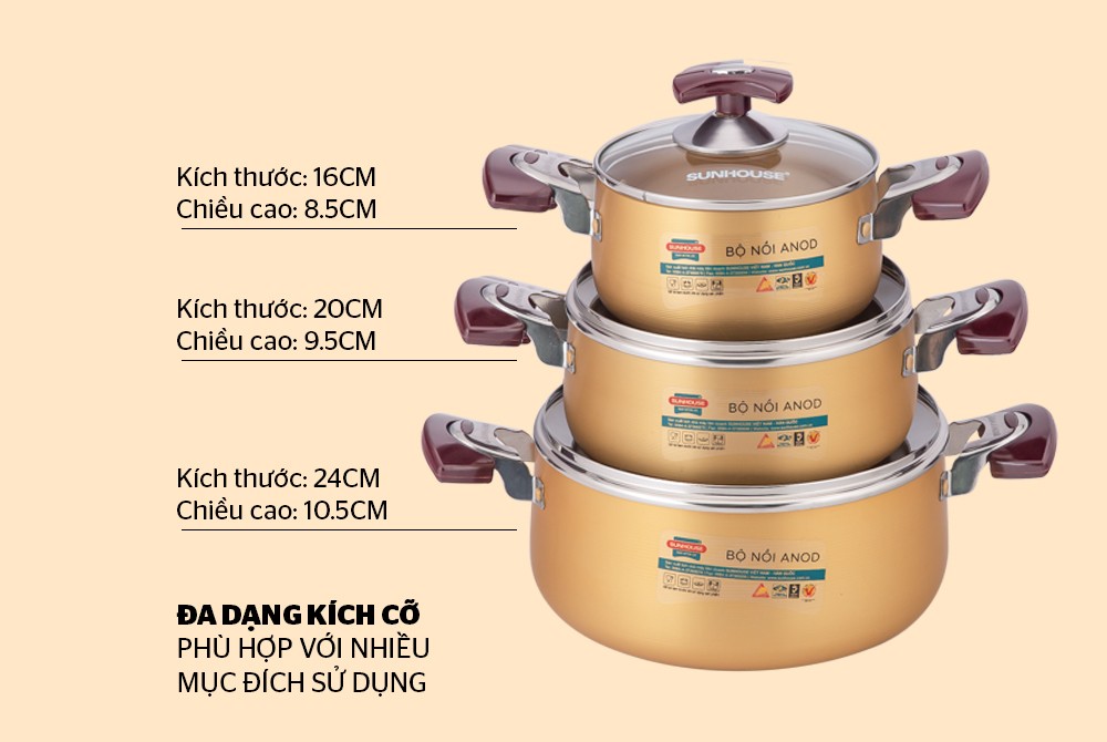 Bộ 3 Nồi Anod Sunhouse SH6634N - Hàng Chính Hãng