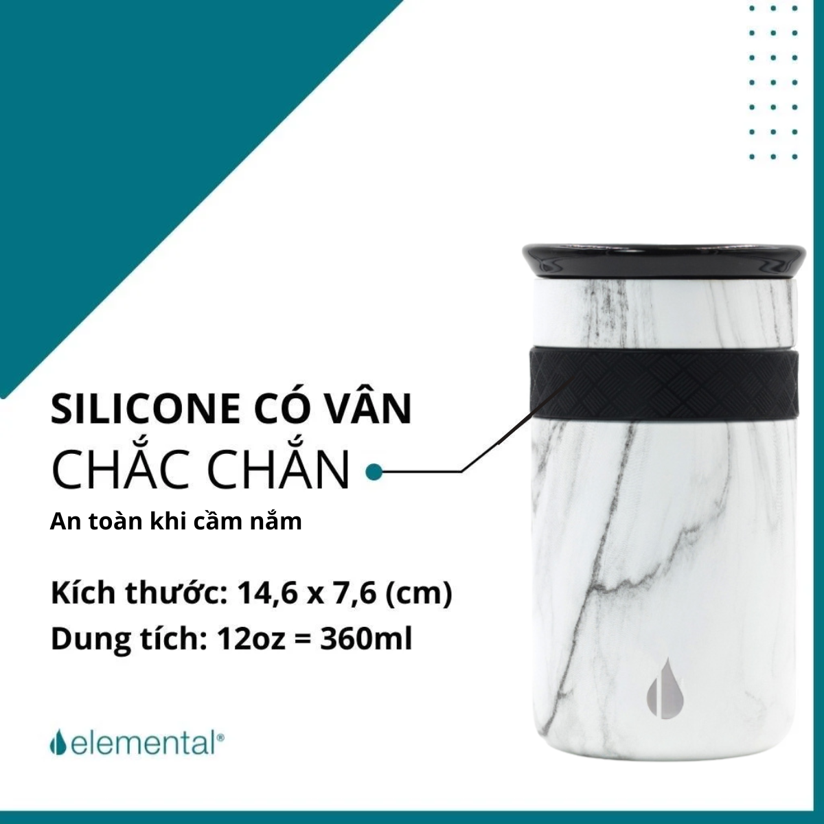 [ Hàng chính hãng – Thương hiệu Mỹ] Ly giữ nhiệt Artisan Elemental 360ml màu vân đá, giữ nhiệt vượt trội, inox 304, FDA Hoa Kì, nắp sứ sang trọng