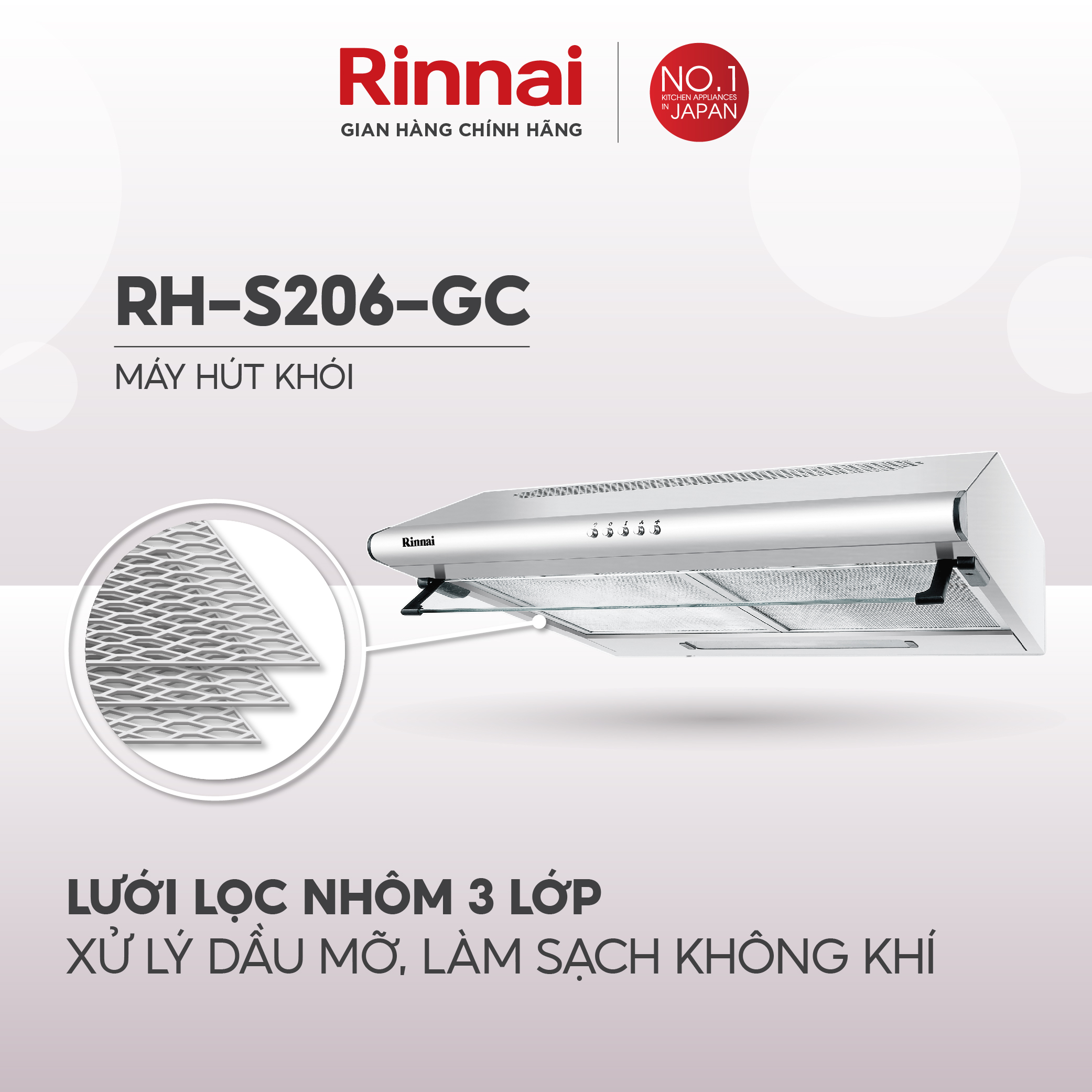 Máy hút mùi Rinnai RH-S206-GC than hoạt tính và ống thoát 250W - Hàng chính hãng.