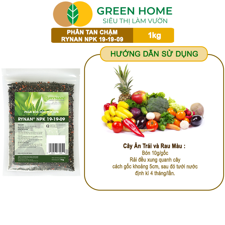 Phân Tan Chậm GreenHome, Rynan NPK 19-19-09, Túi 1kg, Giúp Cây Ăn Trái Phát Triển Mạnh, Chất Lượng