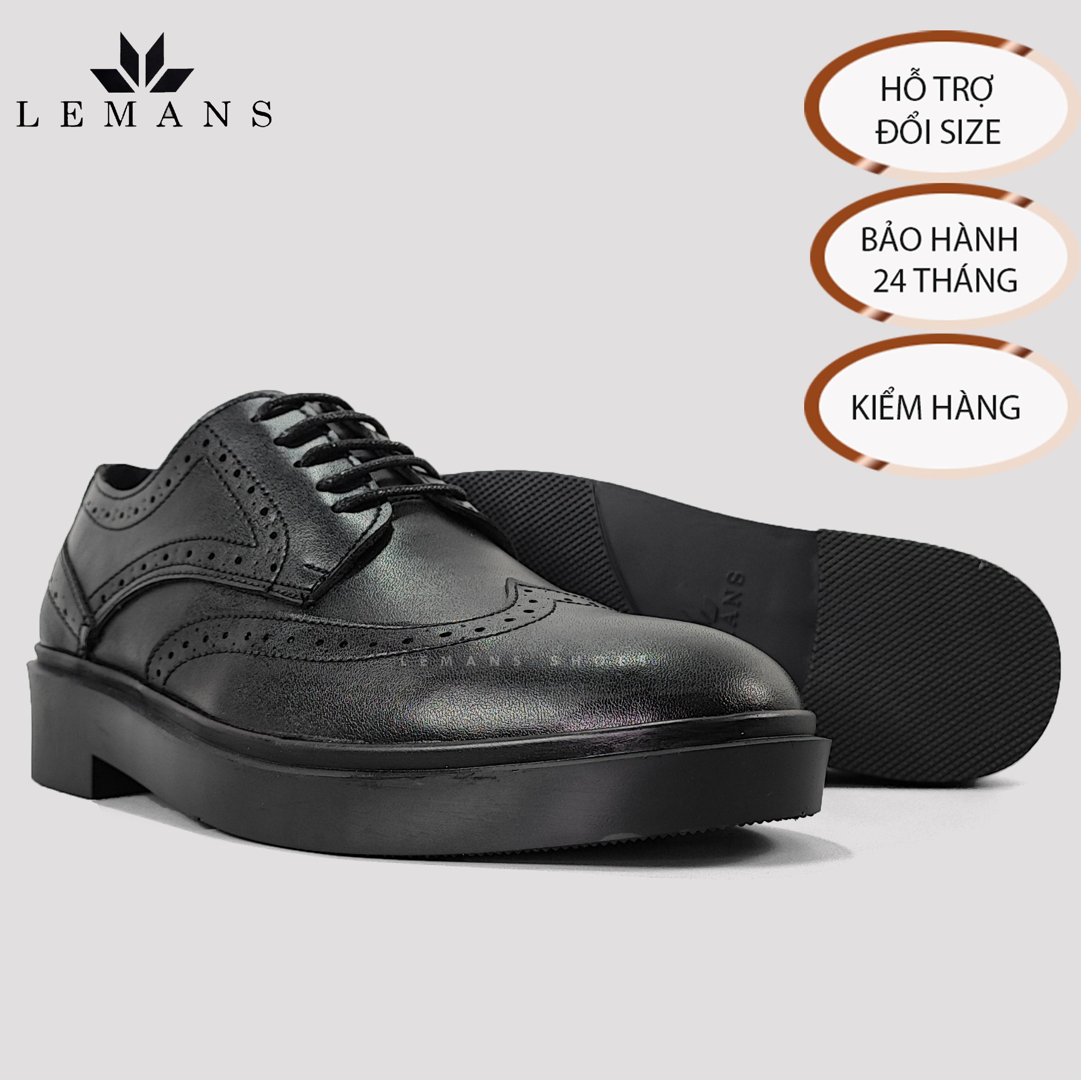 [TẶNG XI] Giày Tây Nam Công Sở Cao Cấp da bò Derby Wingtip LEMANS Black giày derby Bảo Hành 12-24 Tháng