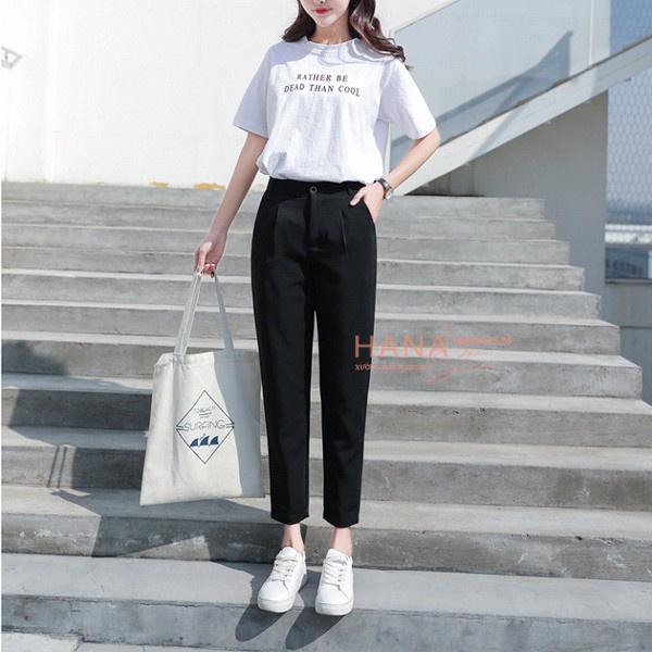 Quần baggy vải công sở cạp cao màu đen cho nữ, quầnbaggy tây nữ lưng cao 1 nút HN01