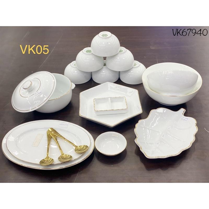 Bộ bát đĩa 15-17 món, men trắng ngọc, viền vẽ vàng kim. Gốm sứ Bát Tràng