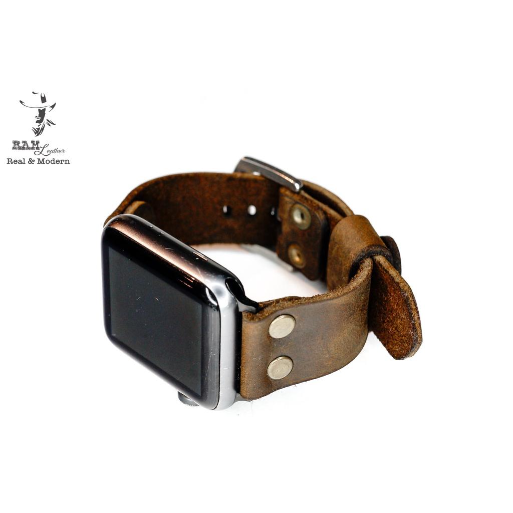 Dây đồng hồ da bò thật kiểu phi công RAM Leather rivet nâu đất bền chắc - tặng khóa chốt và cây thay dây