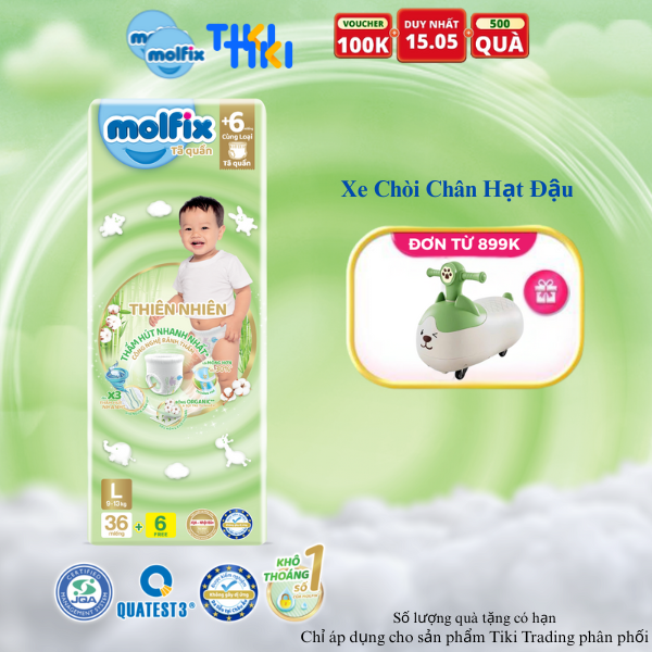 Tã/bỉm quần Molfix Thiên nhiên Jumbo L (9kg - 13kg) - Gói 36+6 miếng