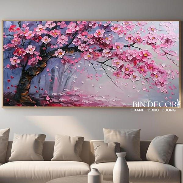 (ẢNH THẬT) Tranh treo tường kim sa cành hoa mùa xuân lấp lánh kèm đinh treo