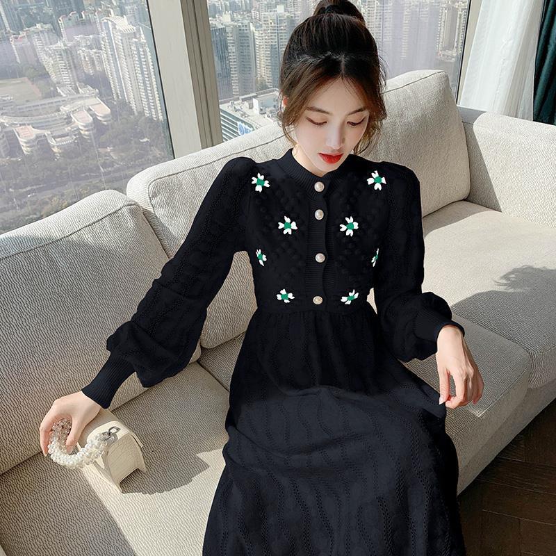Đầm Dệt Kim áy dệt kim, ngọt ngào nữ tính, giảm bớt tuổi tác, eo thon dài thêu váy, có thể mặn, có thể ngọt ngào váy len