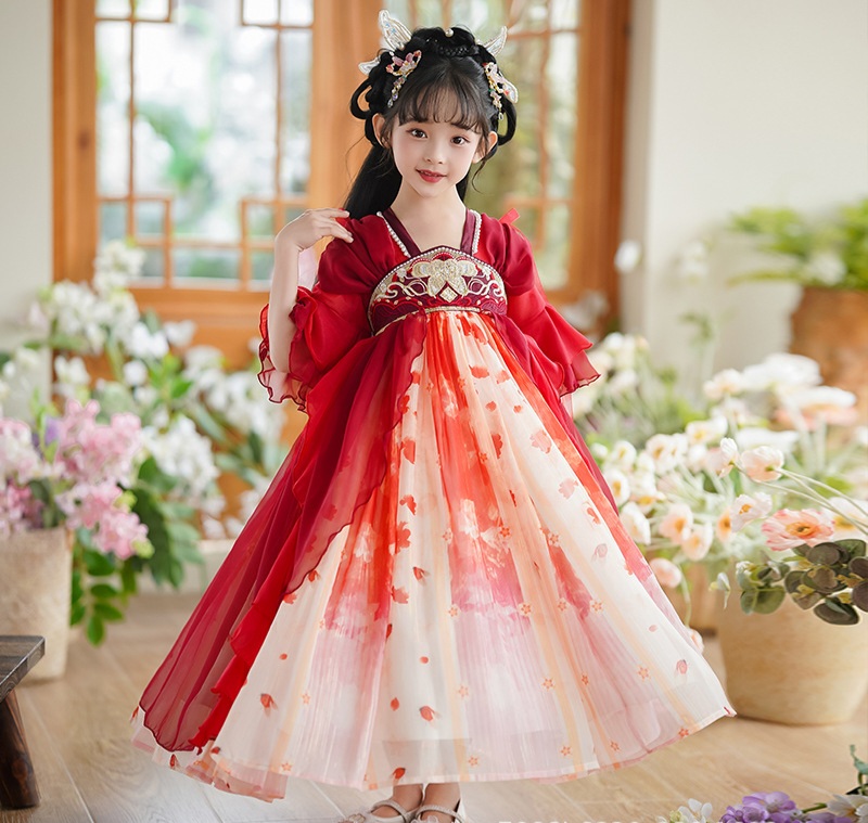 Đầm váy công chúa cổ trang hanfu thêu hoa cho bé gái diện lễ tết trung thu đẹp size 100-160kg hàng Quảng Châu