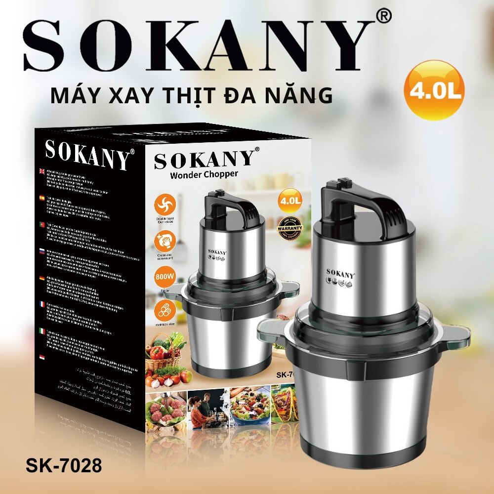 Máy xay thịt, máy xay tói ớt đa năng công suất mạnh mẽ 800W SOKANY SK-7028, dung tích 4L, cối INOX 304 - HÀNG CHÍNH HÃNG - DELIYA