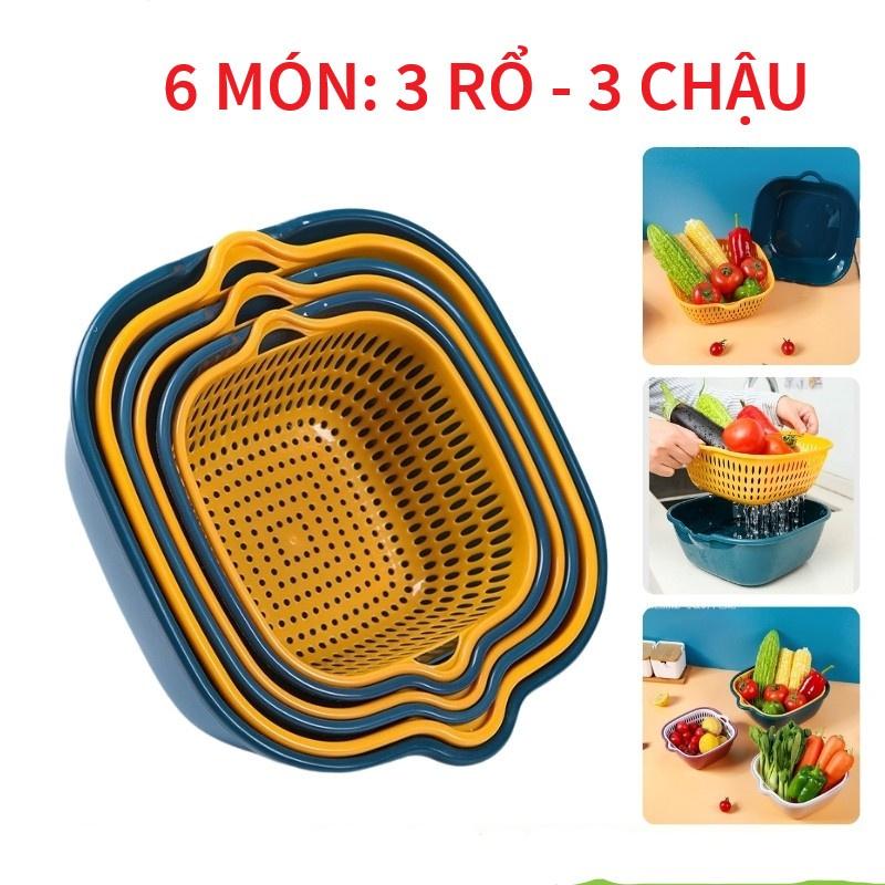 Set rổ 6 món/ bộ 3 rổ kèm 3 chậu nhựa đựng đồ ráo nước cực tiện ích 2in1