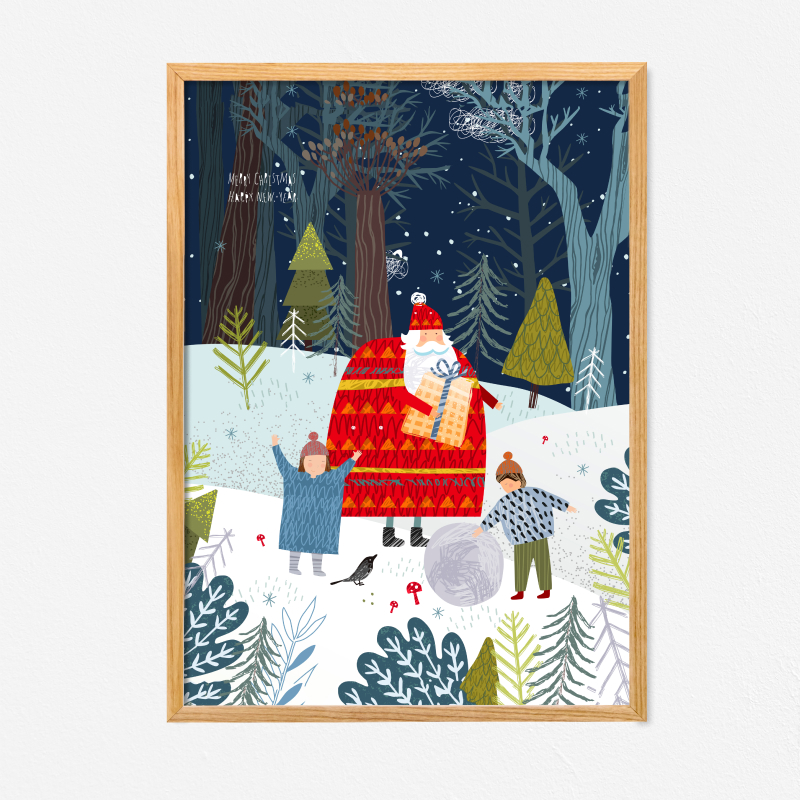 Tranh quà tặng Giáng Sinh trang trí khung kính gỗ sồi treo tường cao cấp"Santa Claus"