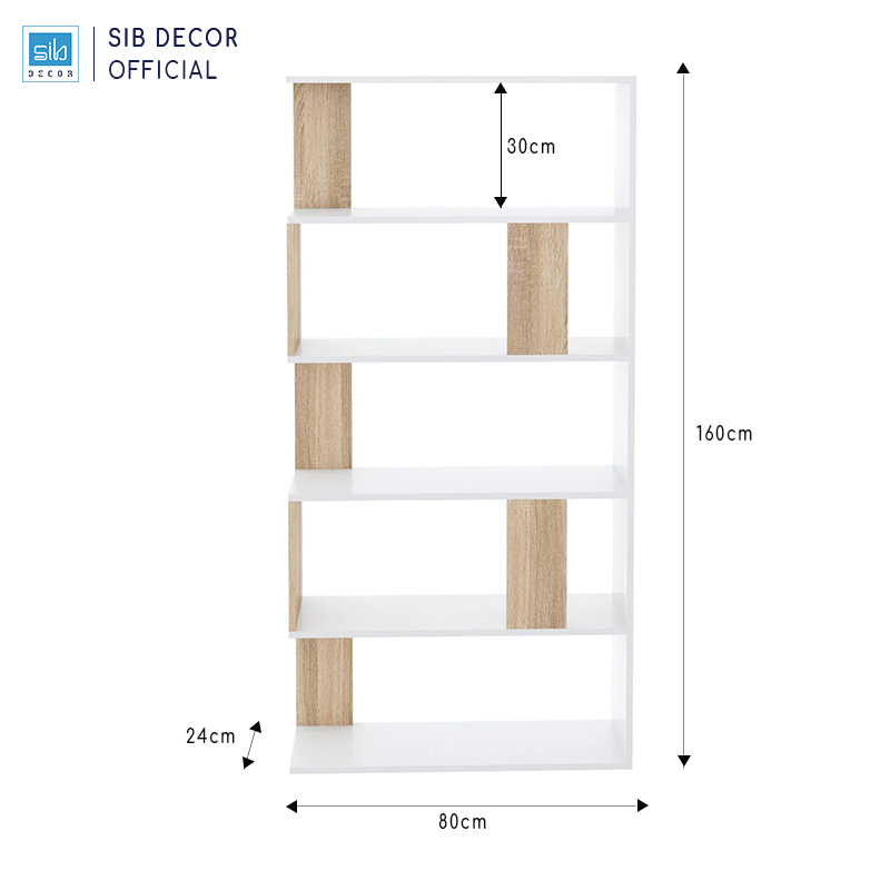 Kệ Gỗ Để Sách Phá Cách Hiện Đại SIB Decor Màu Trắng Phối Vân Gỗ Sồi