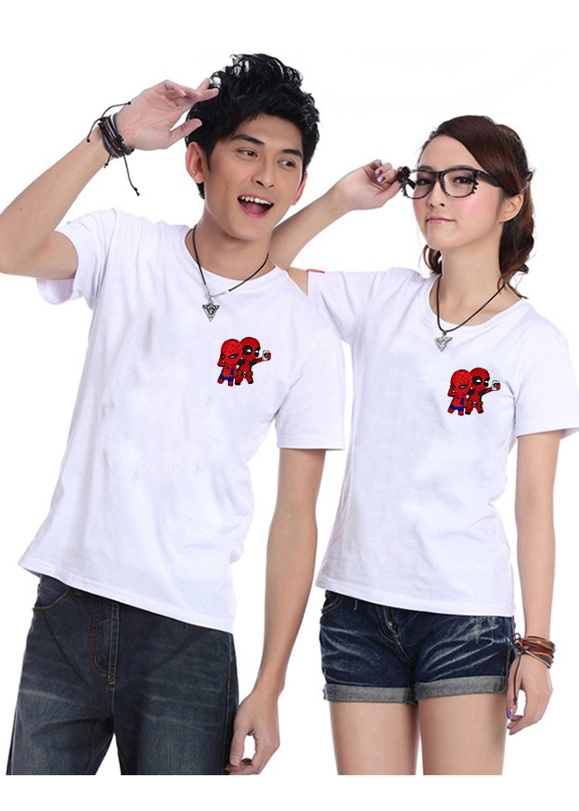 Bộ Áo Thun Đôi Nam Nữ Siêu Anh Hùng Màu Trắng