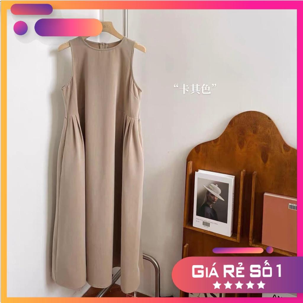 Váy nữ sát nách nhúm eo Ulzzang, dáng maxi, đuối váy xòe nhún, chất thô mềm siêu mát, không nhăn