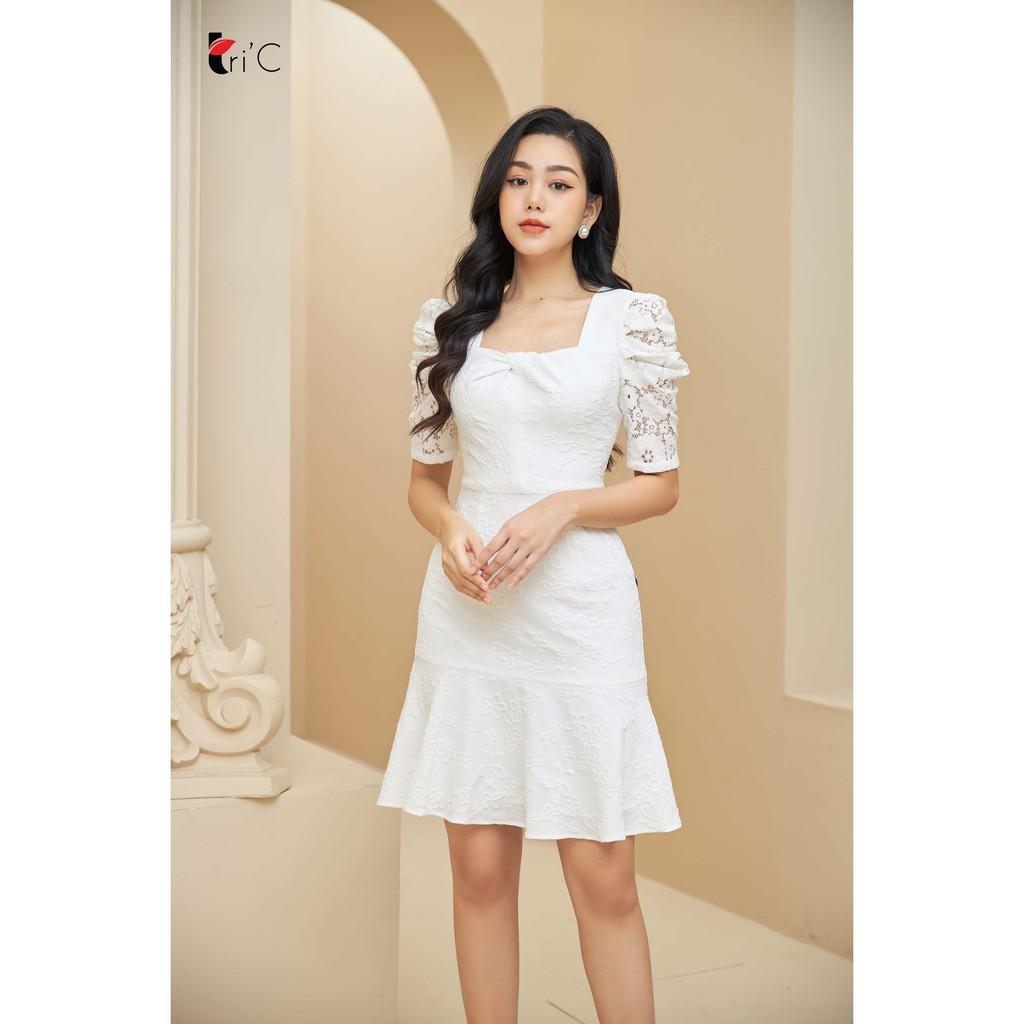Đầm chữ A đuôi cá gấm dệt vân nổi vặn xoắn cầu ngực Tri'C Luxury A21020