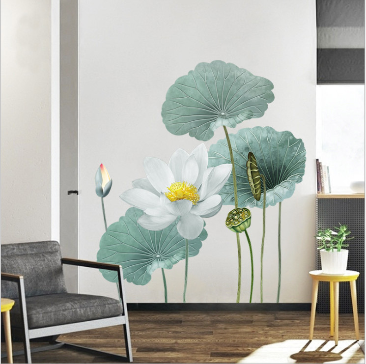Decal dán tường Hoa sen xanh trang trí phòng khách sang trọng - mẫu số 9 (90 x 180 cm)