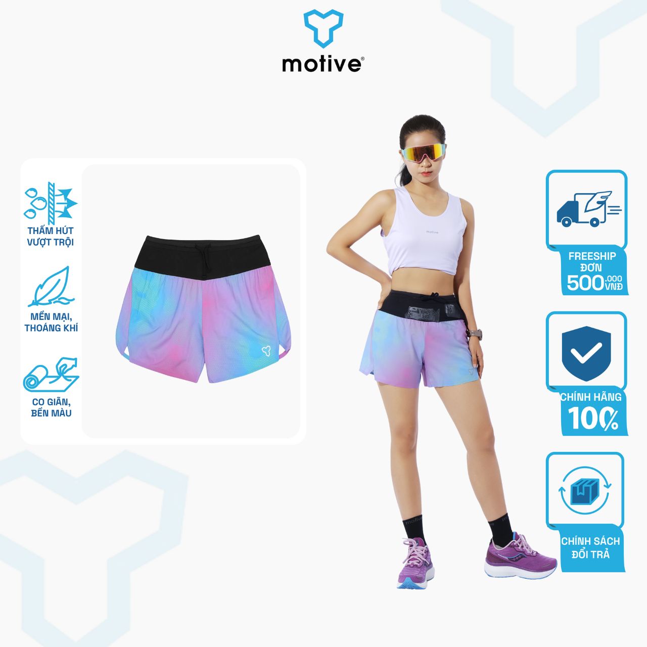 Quần Short Thể Thao Chạy Bộ Nữ Đa Năng MOTIVE WM SHORT BELT - Màu Tím/Xanh
