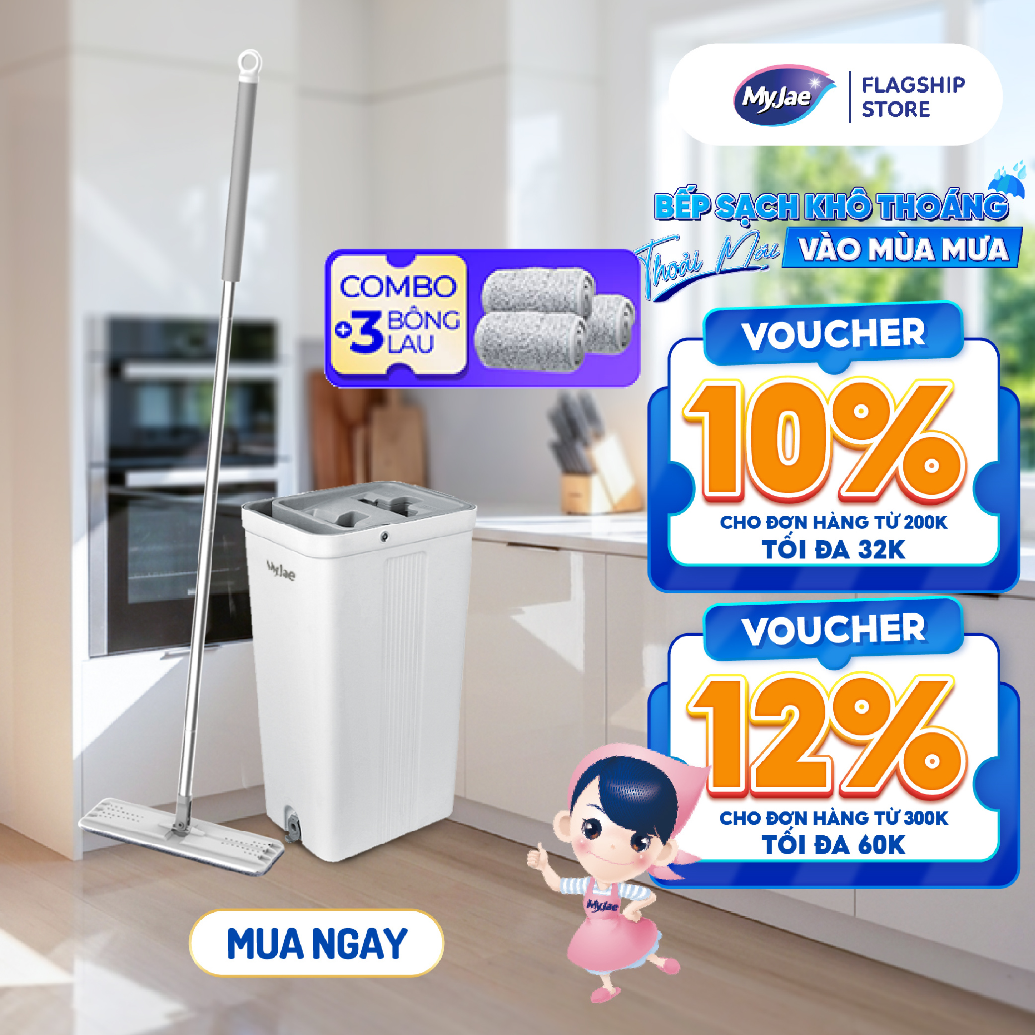 Combo 3 Bông Lau  1 Bộ Lau Nhà MyJae Đài Loan Sợi Microfiber 2 Ngăn Tự Vắt Xoay 360 Độ Thông Minh 123cm