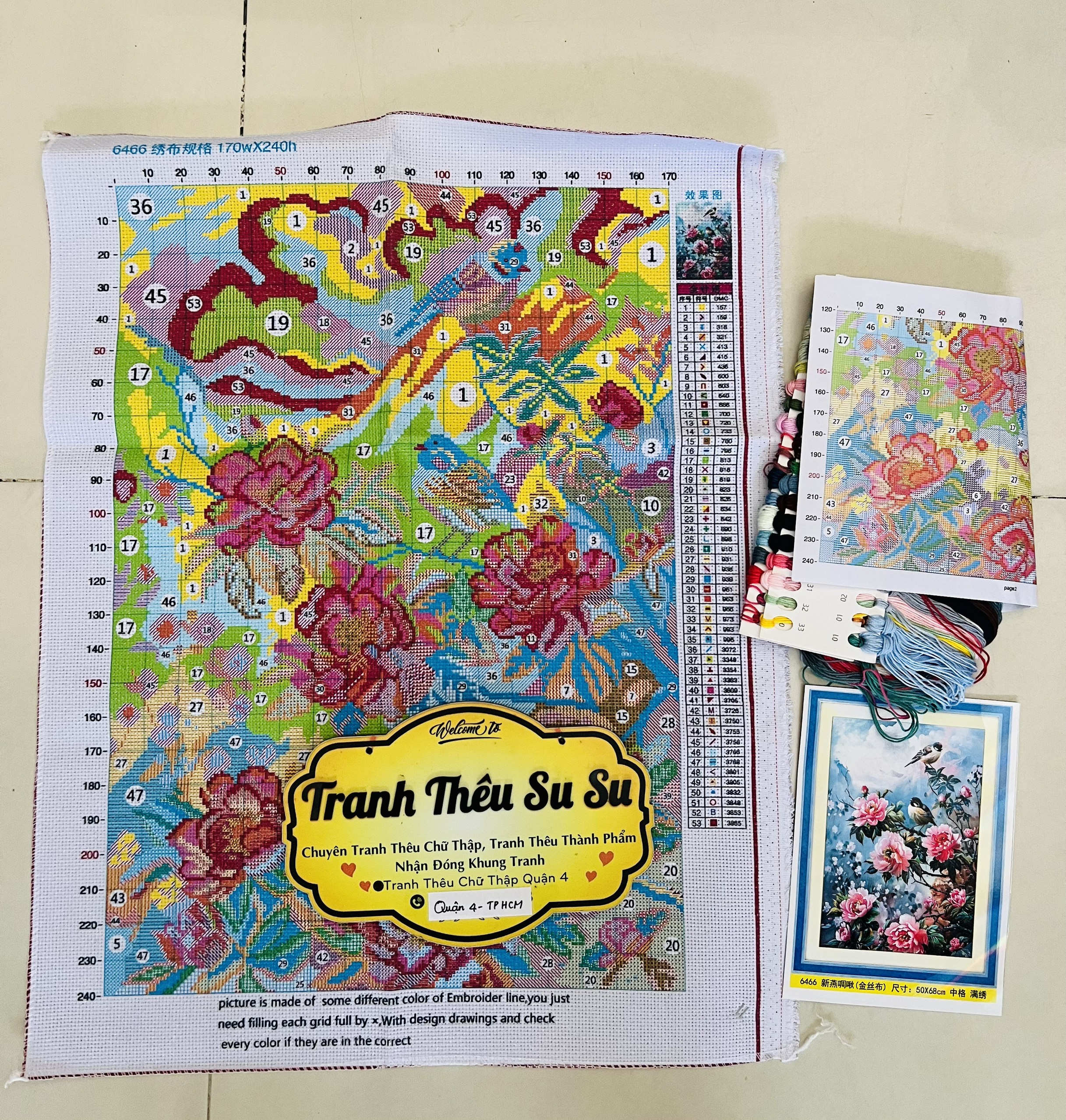 Tranh thêu chữ thập Cửu ngư cành mai vàng LV3468, kích thước 124 x 58 cm