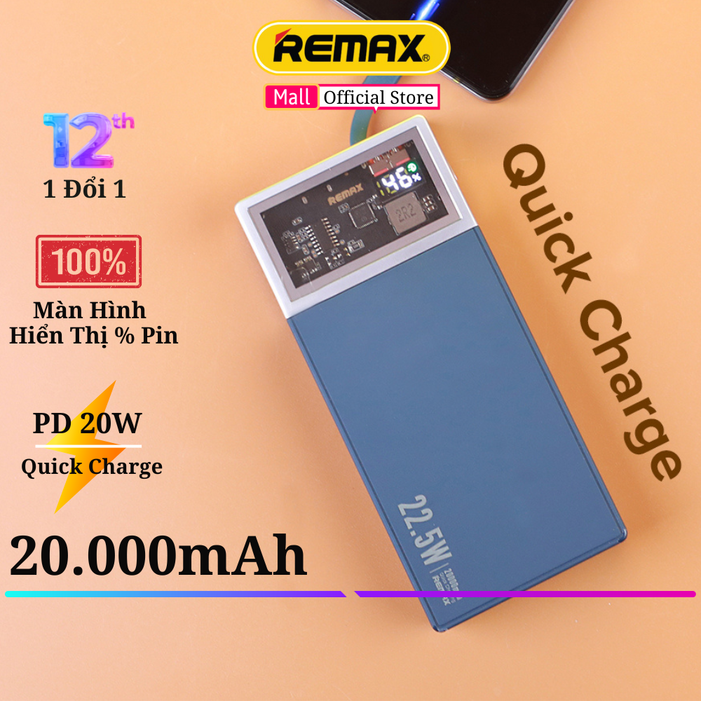 Pin sạc dự phòng kèm cáp 20000mAh Remax RPP-189 sạc nhanh 20w và tích hợp cáp sạc - Hàng Chính Hãng Remax