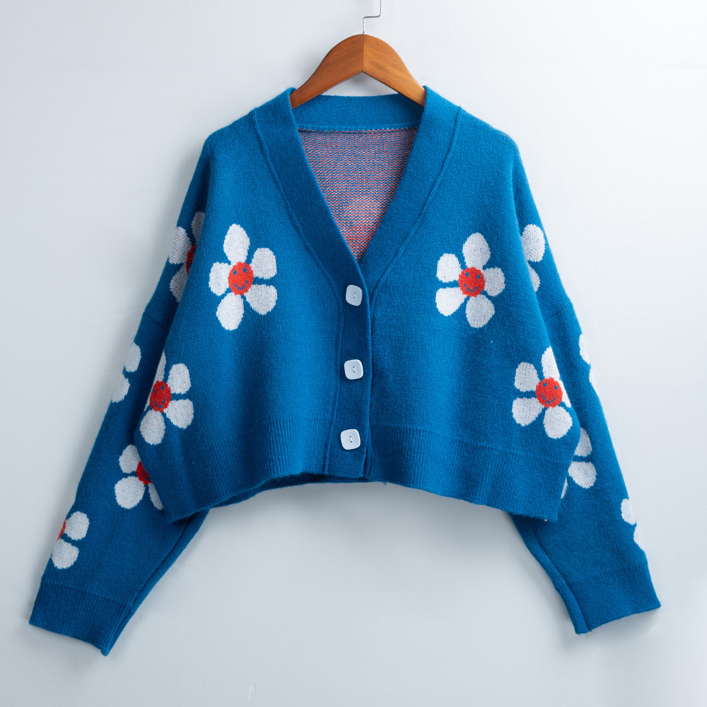 Short Cardigan for Women Flower Knit Sweater V Neck Button Long Sleeve Loose Coat Casual