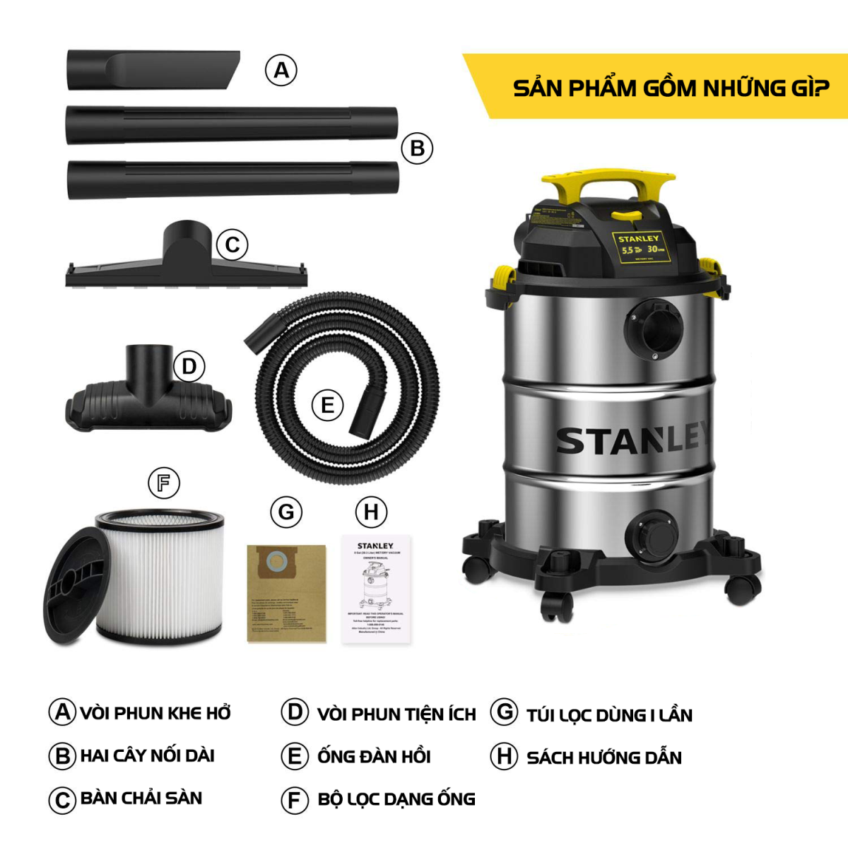 Máy hút bụi công nghiệp 30L Stanley SL19417-8A 5.5HP Hút bụi Khô ,Ướt ,Thổi - Hàng Chính hãng
