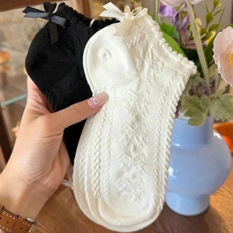 [Sỉ lẻ] TẤT DỆT KIM CỔ NGẮN CỔ SÓNG GÂN NƠ DẬP NỔI, phong cách Lolita Nhật Bản công chúa, vintage co giãn thoáng khí