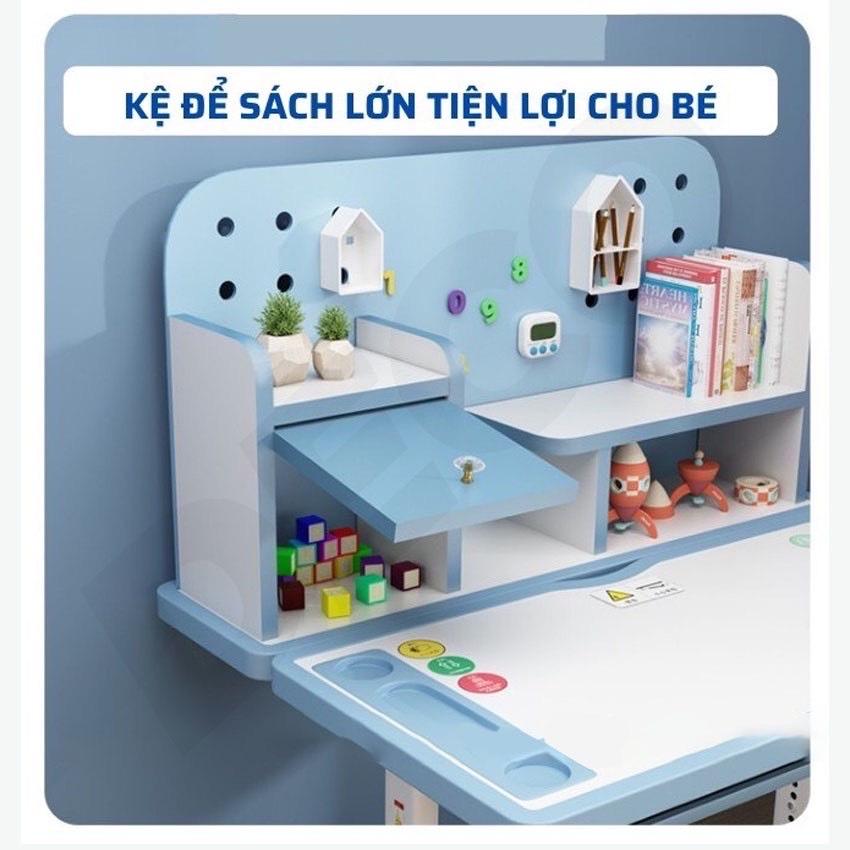 Bộ Bàn Ghế Học Sinh Thông Minh A16, Size 80cm, Tăng Chỉnh Độ Cao, Nghiêng Mặt Bàn, Ngăn Tủ, Giá Sách