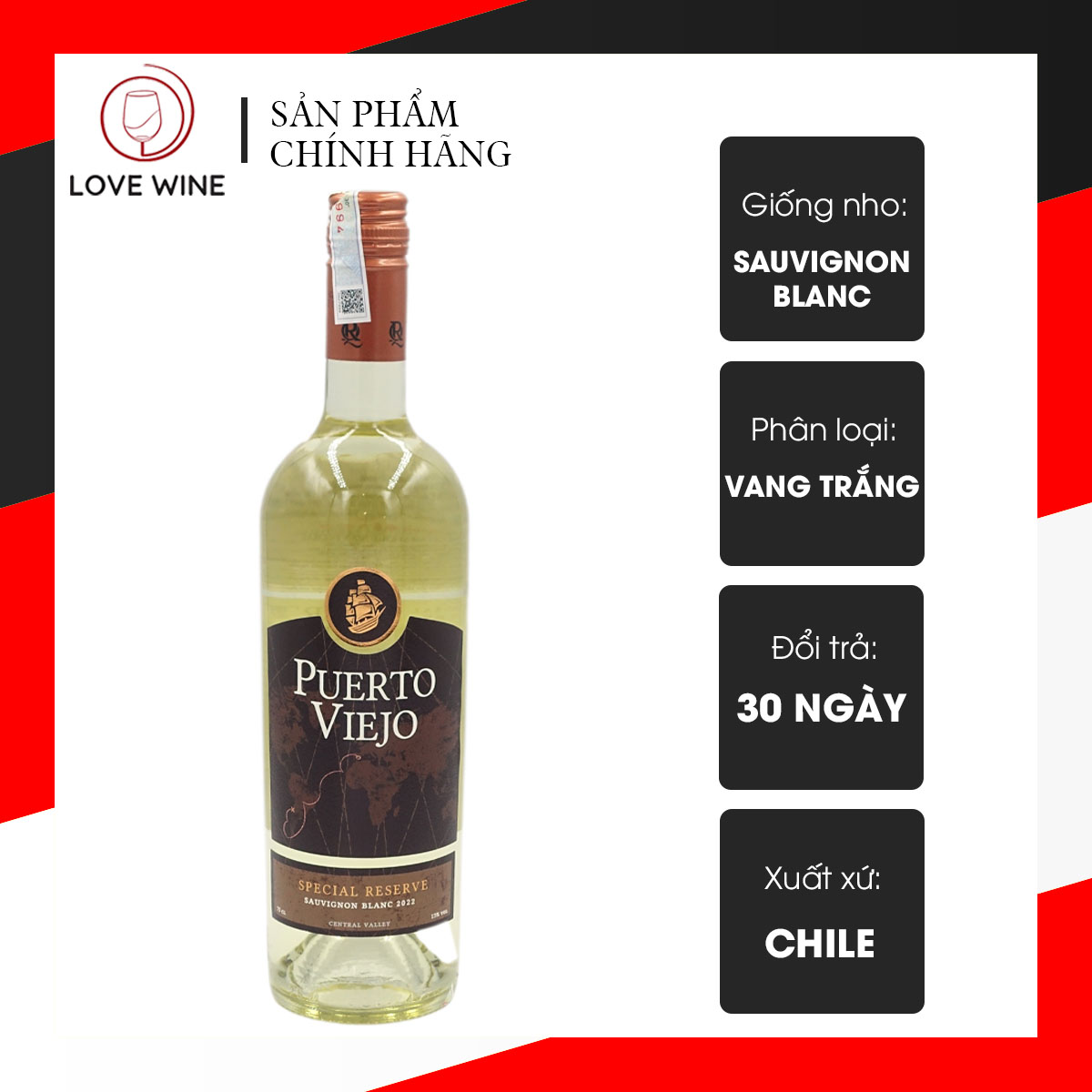 Rượu Vang Trắng Chi Lê Puerto Viejo Sauvignon Blanc 2022