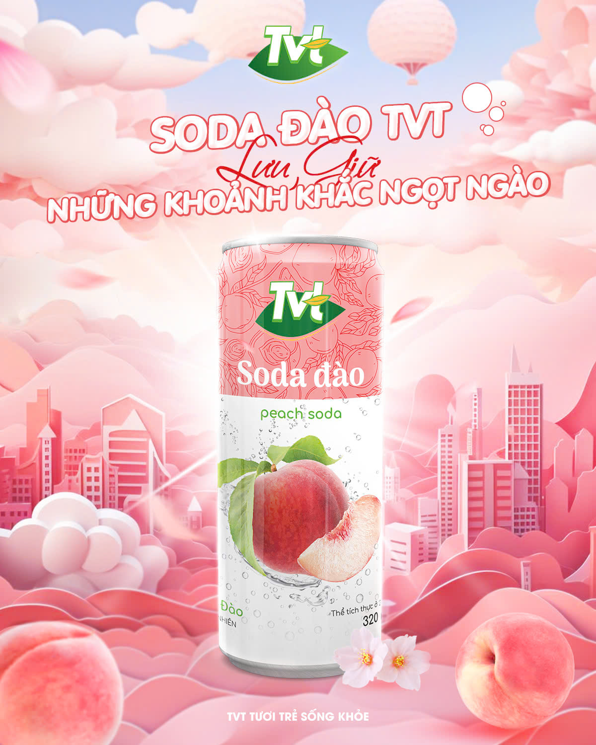 [Thùng 24 lon 320ml] Soda Đào TVT - Nước cốt đào tự nhiên cùng soda nhẹ nhàng