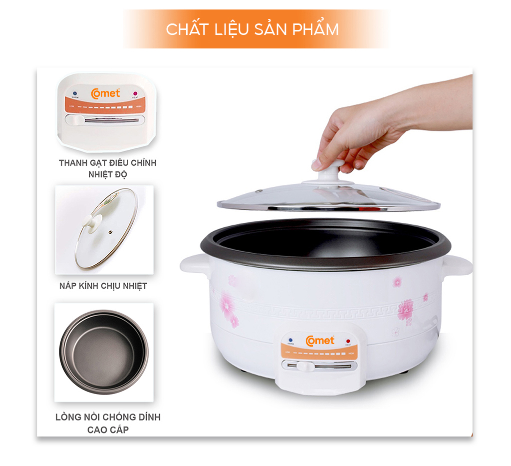 Nồi lẩu điện Comet CM7731 – Dung tích 3.5L, công suất 1300W, chống dính, nắp kính chịu nhiệt, bảo hành 12 tháng - Hàng chính hãng