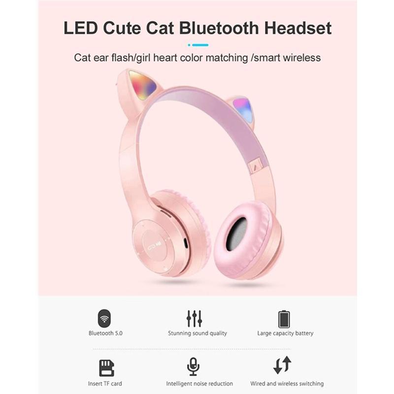 Tai Nghe Bluetooth 5.0 Không Dây P47 Có Đèn LED Hình Tai Mèo Có Thể Sạc Lại