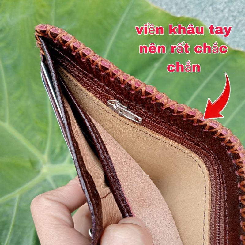Ví Nam Đứng Da Bò Viền Khâu Tay Đẹp THC, KT cm