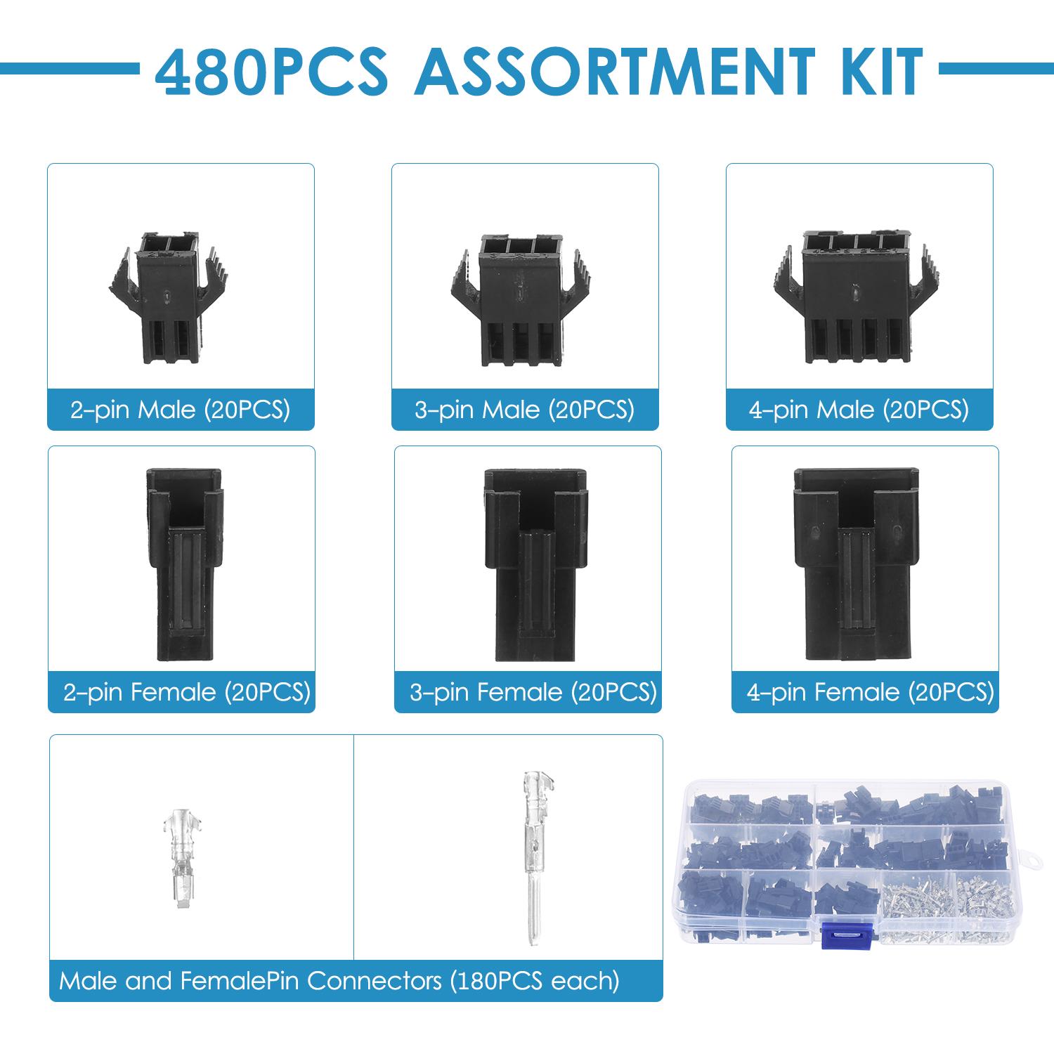 480Pcs JST SM 2.54mm Pitch 2-Pin 3-Pin 4-Pin Connector Housing Assortment Kit Female and Male Dupont Connector Set for