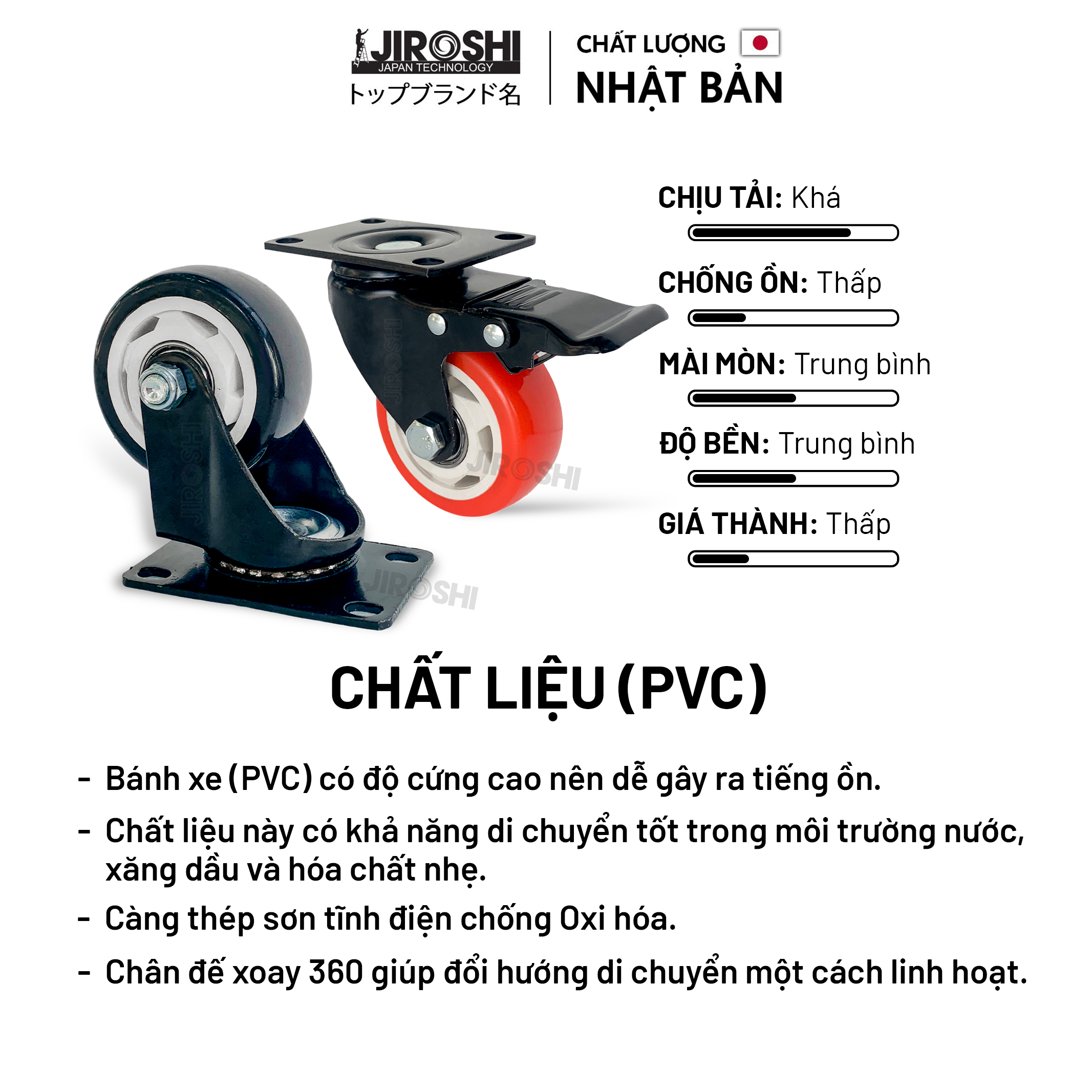 Bánh xe đẩy hàng có bạc đạn và khóa JIROSHI Nhật Bản , Bánh xe nhựa PVC có tải trọng lớn