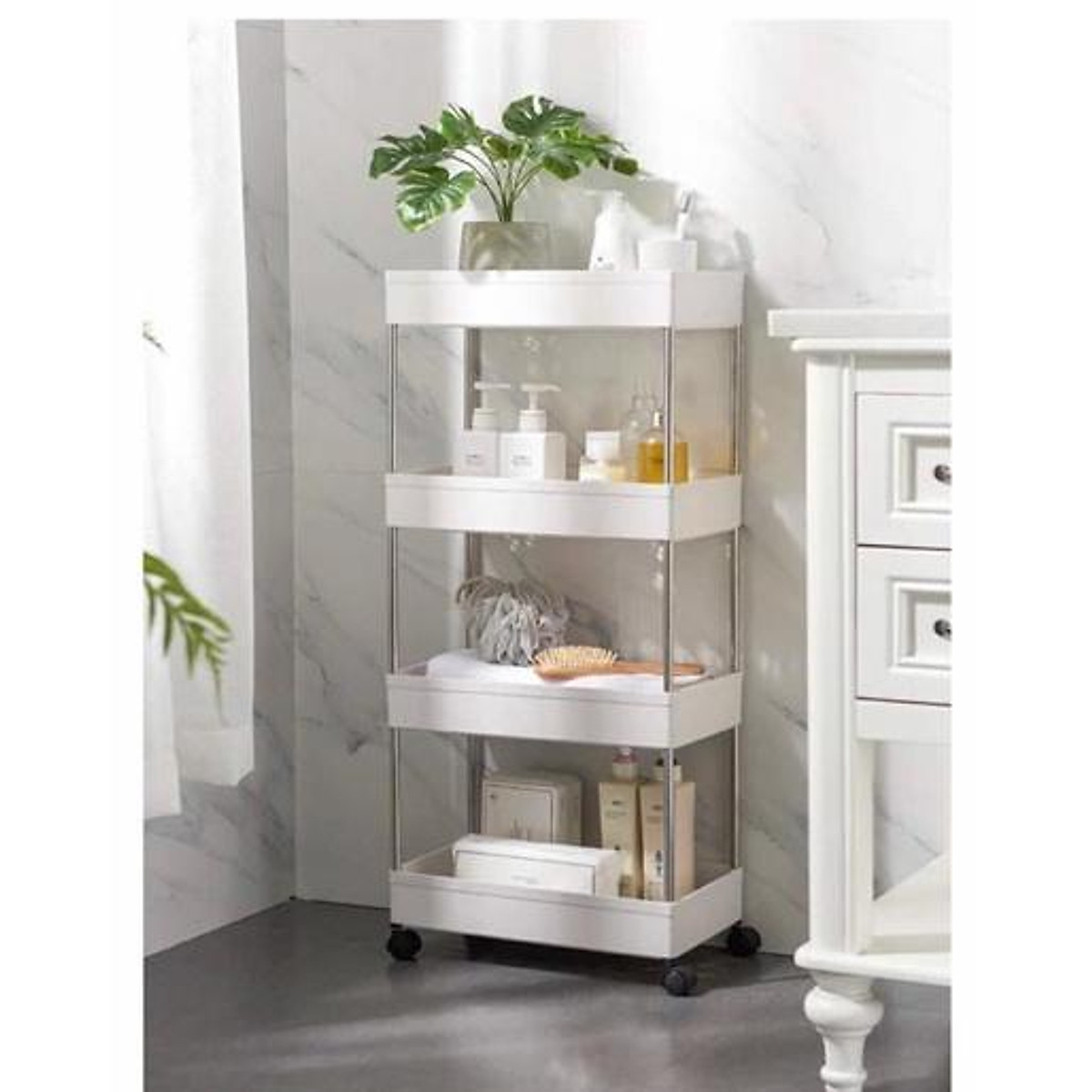 Kệ Để Đựng Đồ Đa Năng 4 Tầng - Thanh Inox - Giá Nhựa có lỗ Cao cấp màu trắng - Hàng Loại 1 - Chính Hãng MINIIN