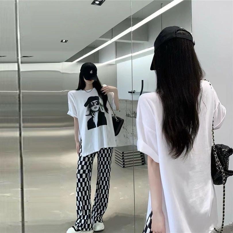 Set Áo Thun Ngắn Tay + Quần Dài Ống Rộng Lưng Cao Thời Trang Cho Nữ