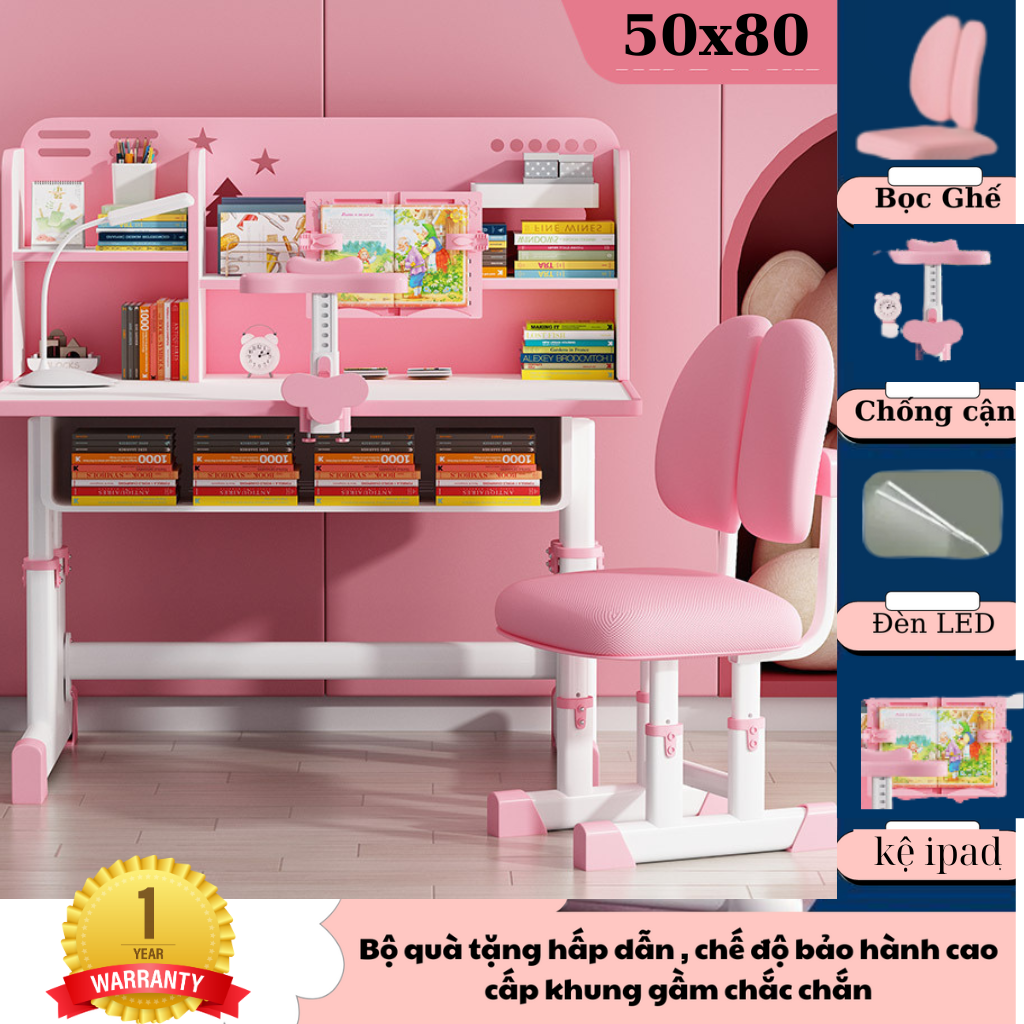 Bộ bàn ghế học sinh tiểu học  E01 thông minh tăng giảm chiều cao, ghế đệm êm ái và tựa lưng 2 cánh