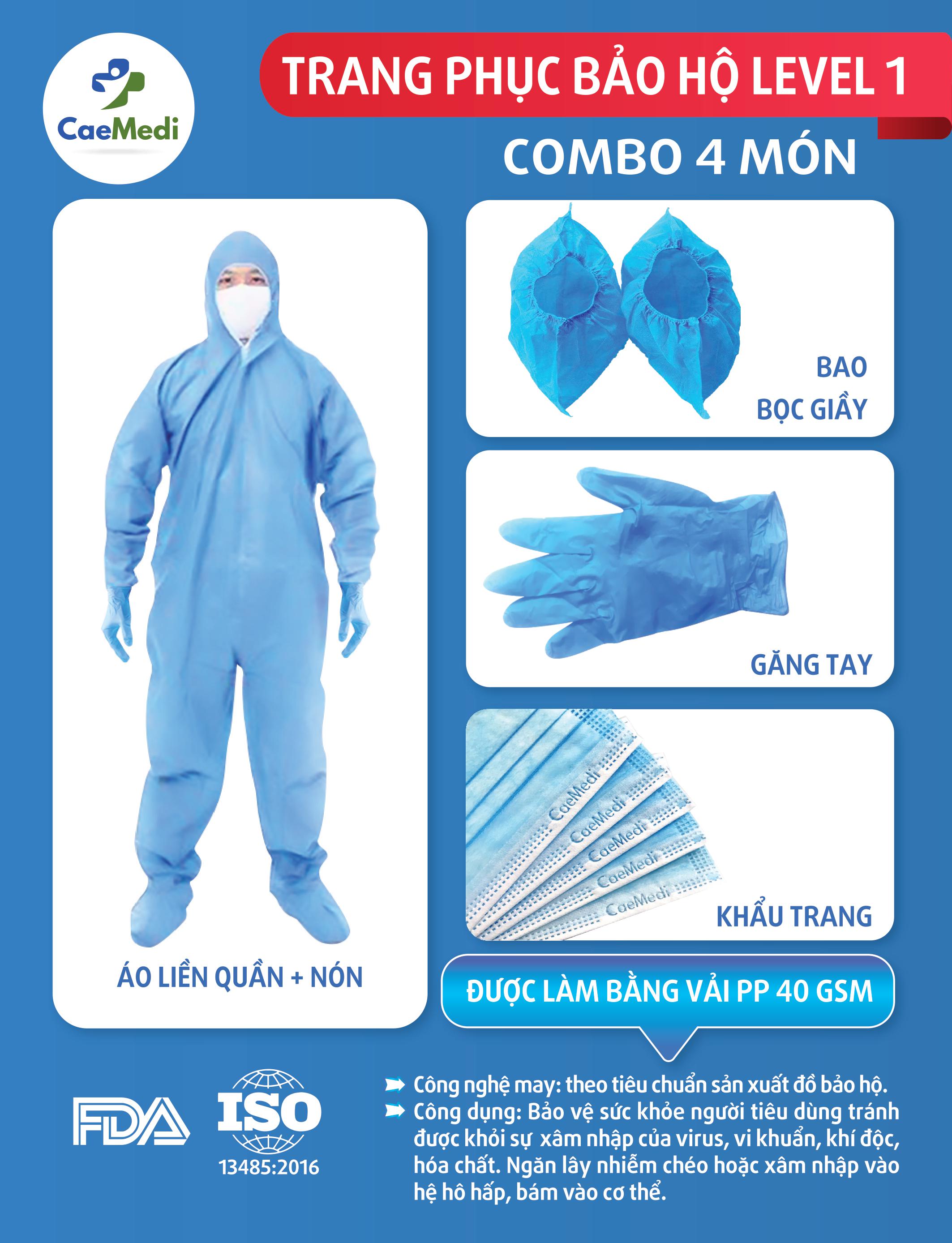 COMBO 4 MÓN Trang phục bảo hộ, chống dịch CAEMEDI Cao Cấp L0, size L, thoải mái, tiêu chuẩn, dễ sử dụng