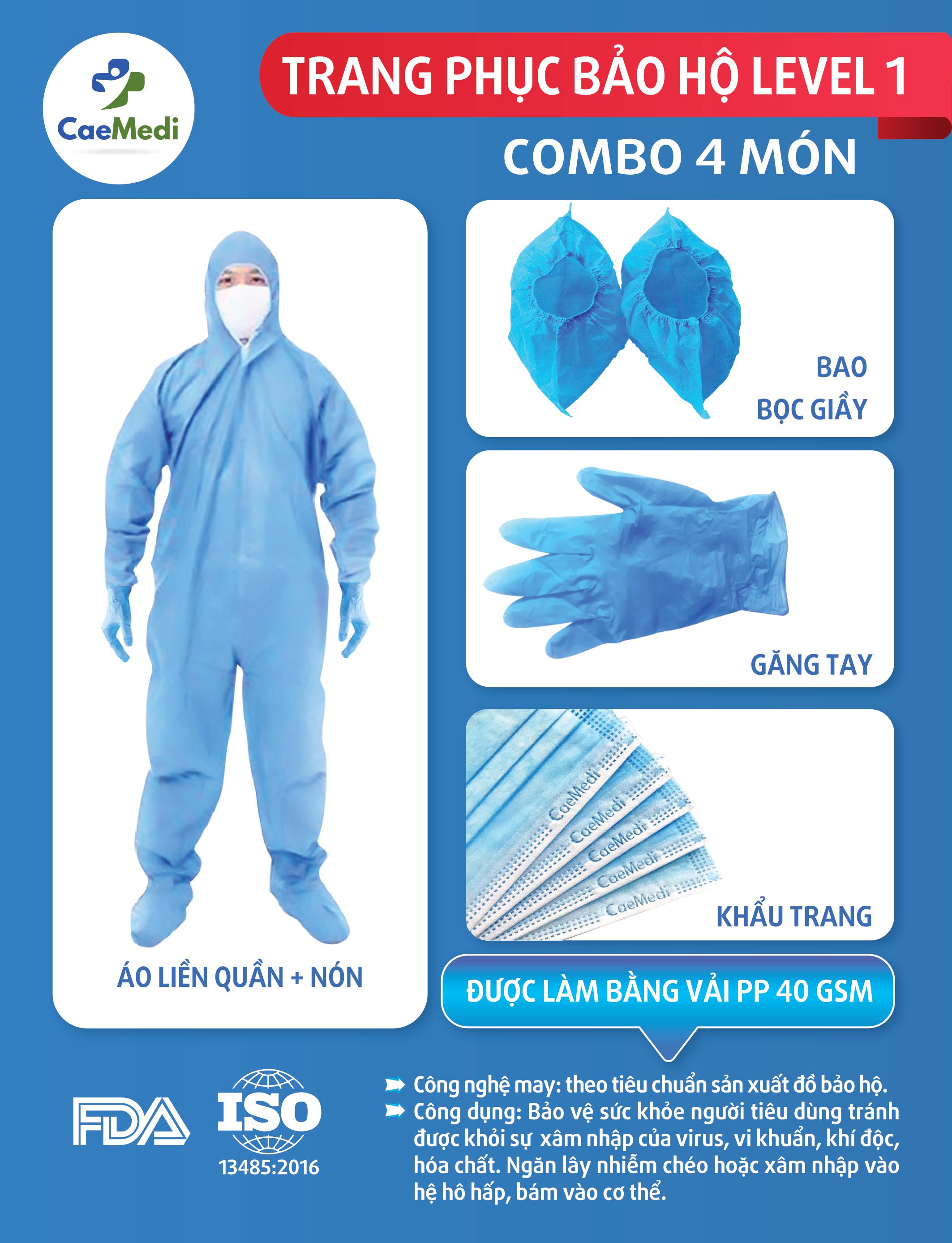 COMBO 4 MÓN Trang phục bảo hộ, chống dịch CAEMEDI Cao Cấp L0, size L, thoải mái, tiêu chuẩn, dễ sử dụng (BỘ TRANG PHỤC, GĂNG TAY, BAO BỌC GIÀY, KHẨU TRANG)