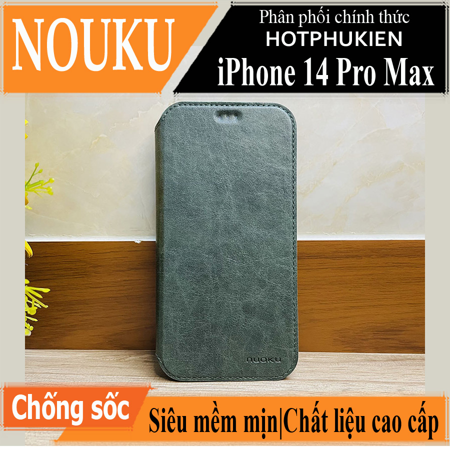 Case bao da chống sốc cho iPhone 14 Pro Max (6.7 inch) hiệu Nuoku Elegant and Royal chất liệu da PU cao cấp, có ngăn đựng thẻ, nắp gập kiêm giá đỡ điện thoại