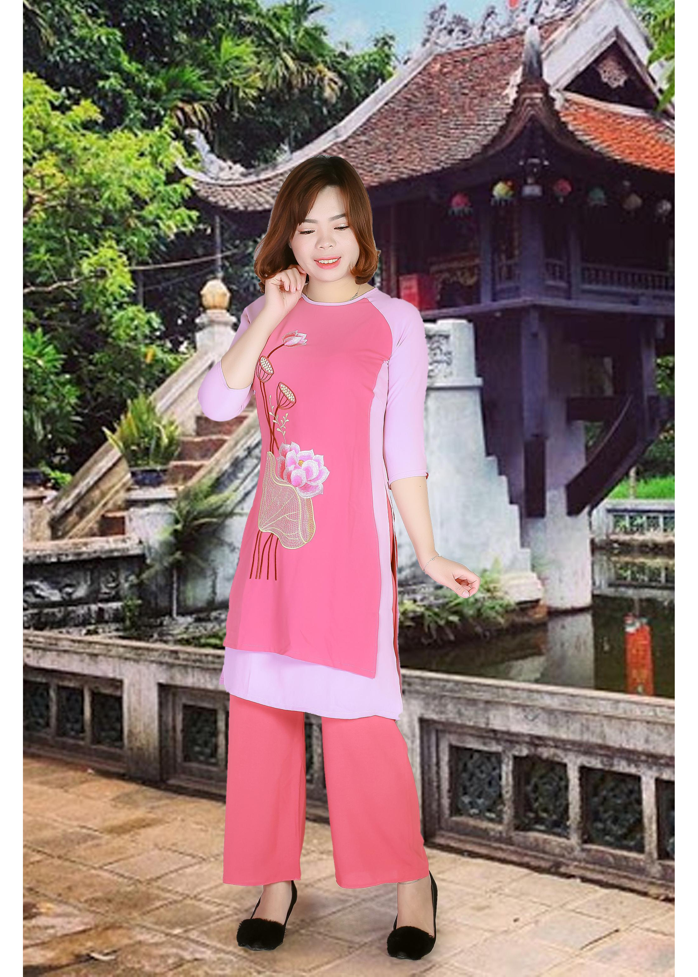 Mua Áo Dài Đi Chùa Thêu Hoa Sen Màu Hồng Vải Đũi Mịn | Tiki