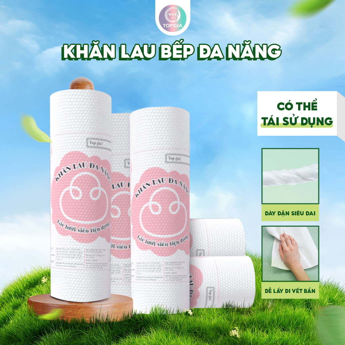 Khăn lau dùng 1 lần đa năng Top Gia, giấy vải lau bếp tiện lợi cho mọi gia đình, thấm hút tốt