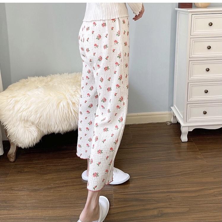 Quần dài nữ mặc nhà, ngủ vải xô cotton mềm nhẹ viền gấu nữ tính
