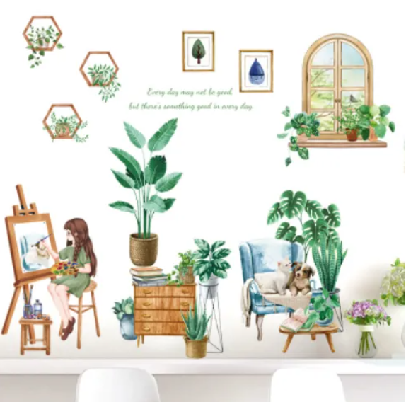 Decal trang trí tường - Cô gái ngồi vẽ tranh cùng những chậu cây xanh